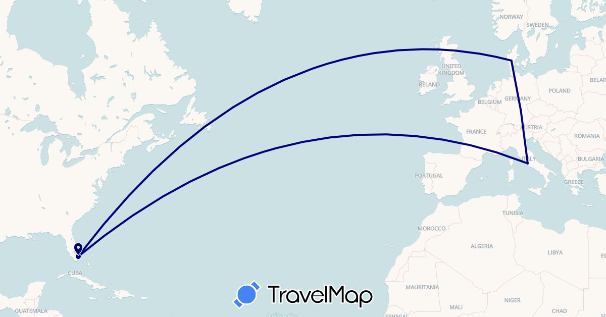 TravelMap itinerary: driving in Germany, Denmark, Italy, United States (Europe, North America)